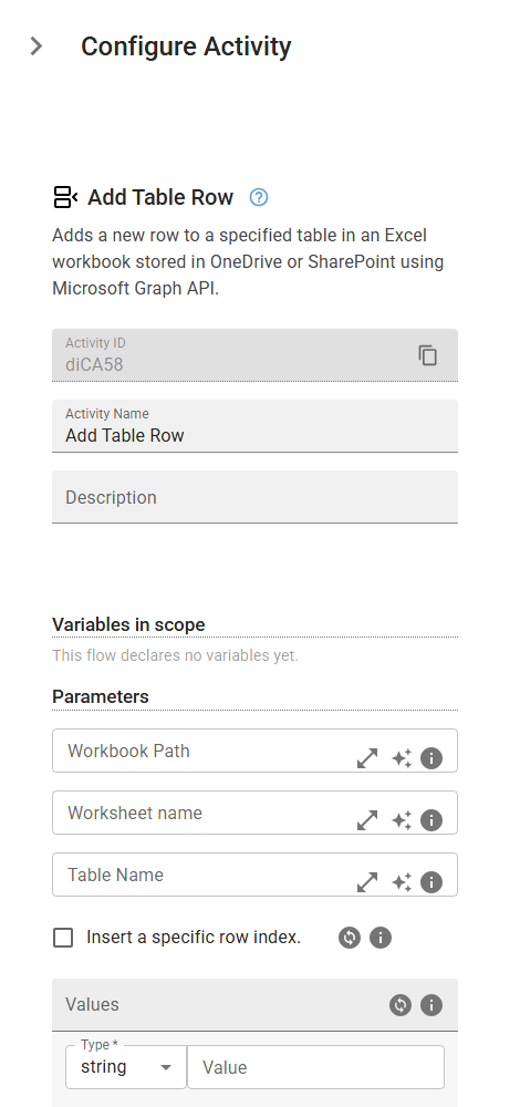 The AddTableRow activity in the designer