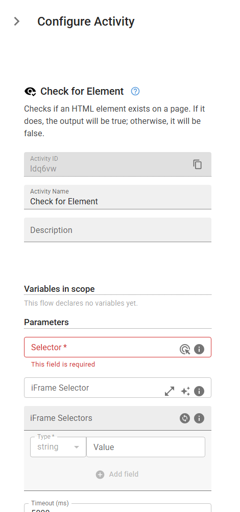 The CheckHtmlElement activity in the designer