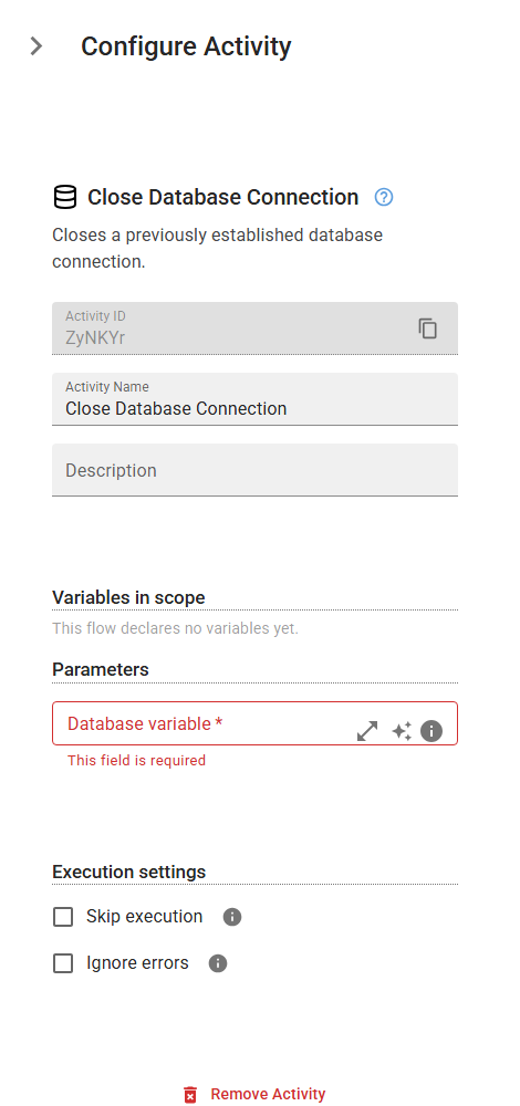 The CloseDatabaseConnection activity in the designer