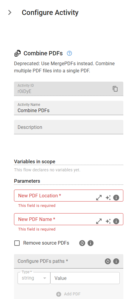 The CombinePDFs activity in the designer