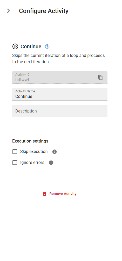The Continue activity in the designer