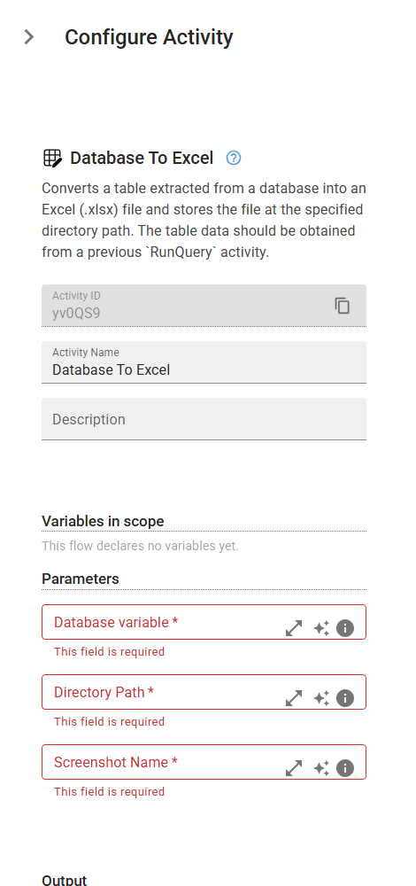 The DatabaseToExcel activity in the designer