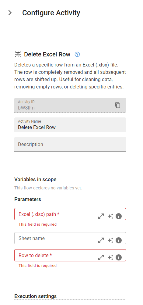 The DeleteExcelRow activity in the designer