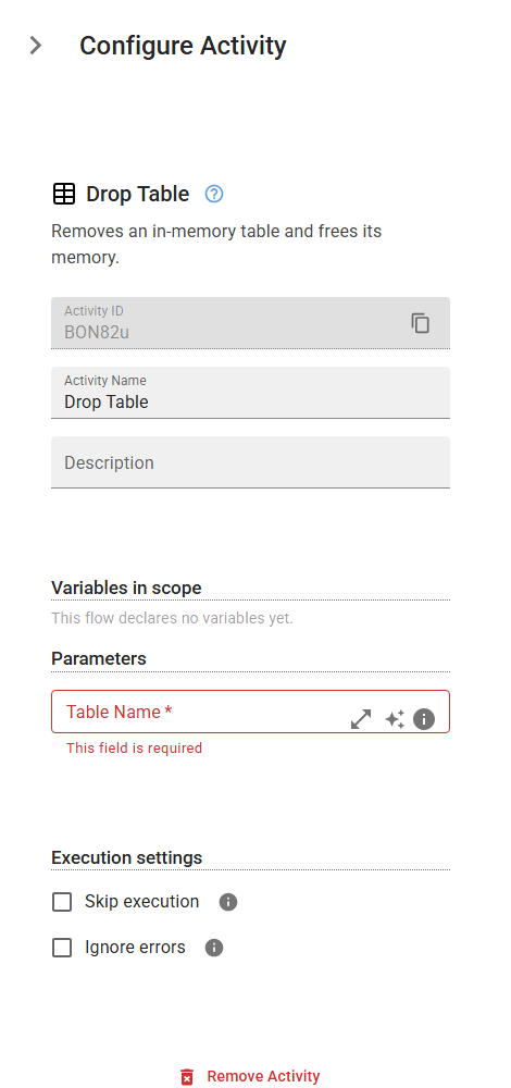 The DropTable activity in the designer