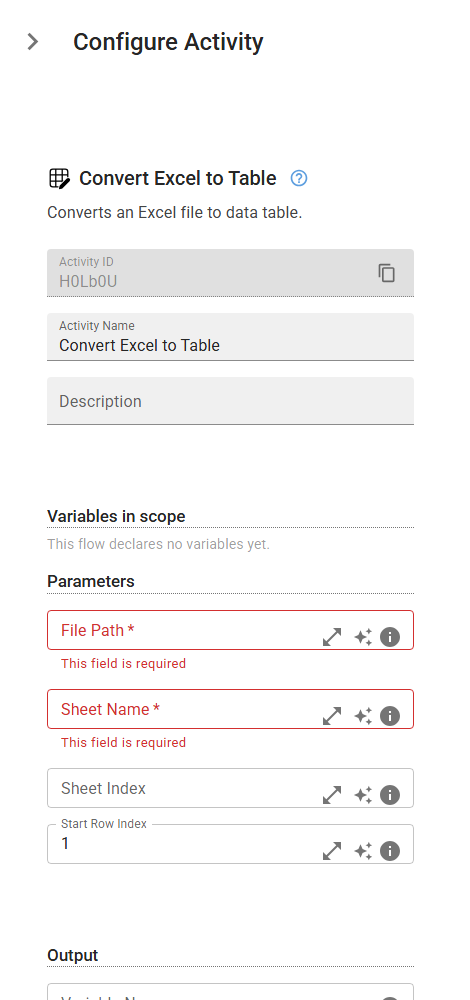 The ExcelToTable activity in the designer