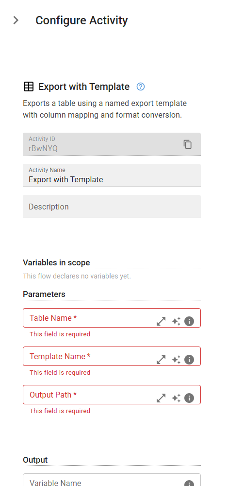 The ExportWithTemplate activity in the designer