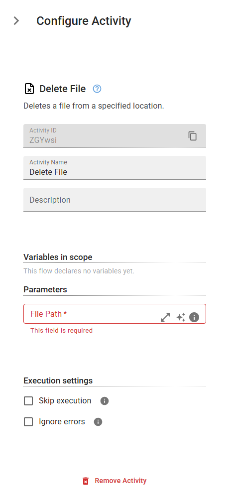 The FileDelete activity in the designer
