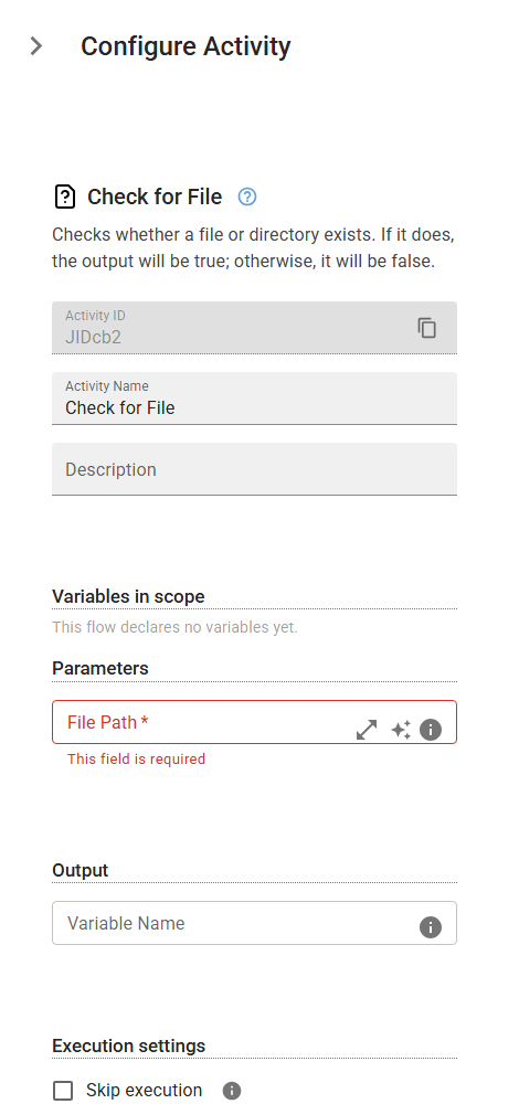 The FileExists activity in the designer