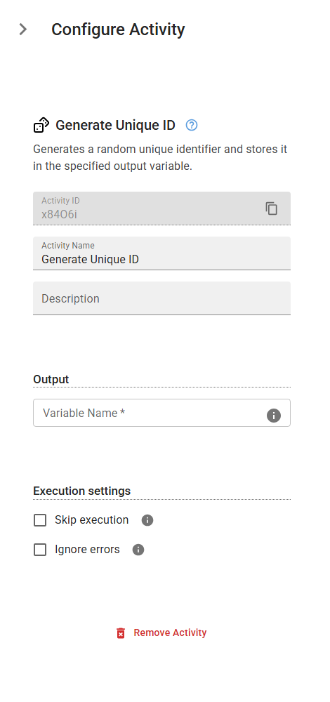 The GenerateUniqueId activity in the designer
