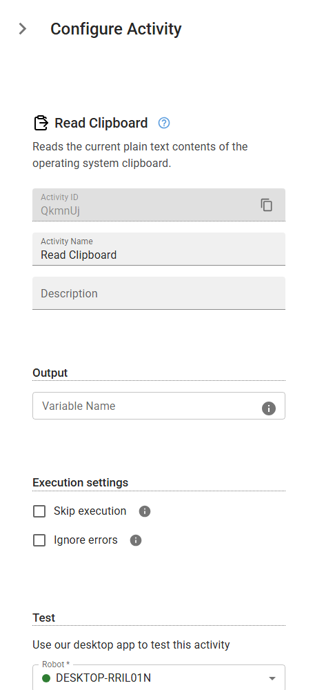 The GetClipboard activity in the designer