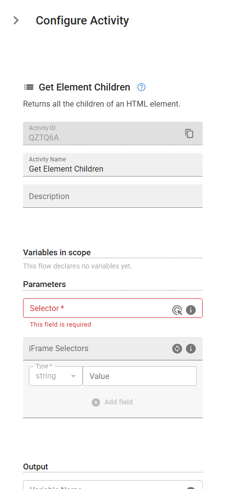 The GetHtmlChildren activity in the designer