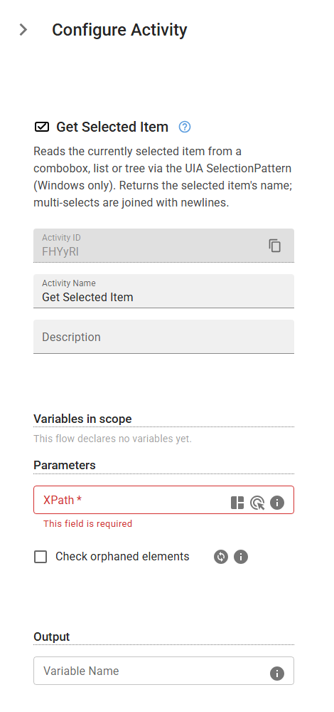 The GetSelectedItem activity in the designer