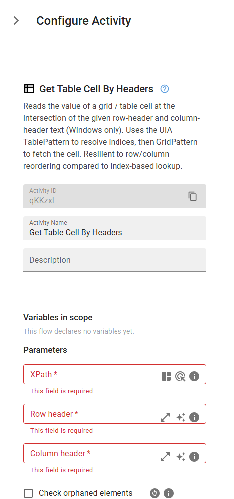 The GetTableCellByHeaders activity in the designer