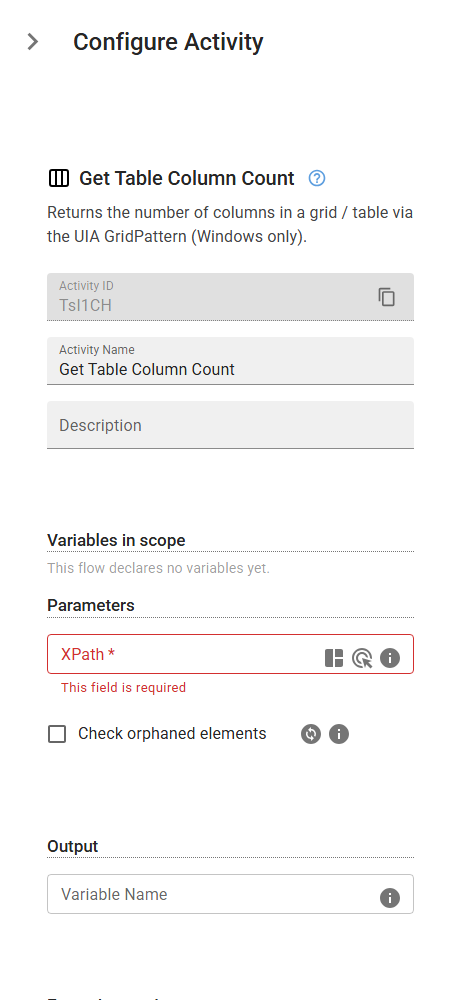 The GetTableColumnCount activity in the designer