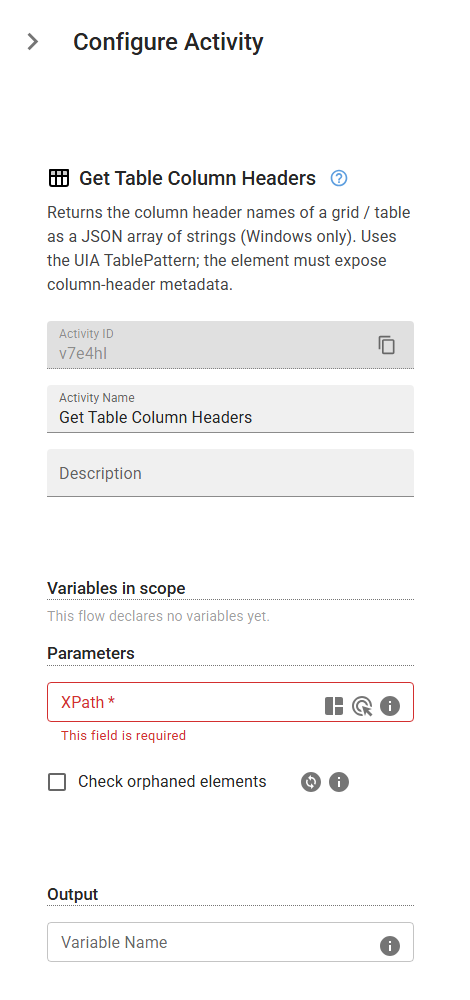 The GetTableColumnHeaders activity in the designer