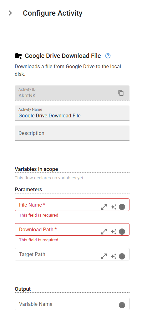 The GoogleDriveDownloadFile activity in the designer