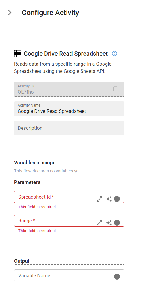 The GoogleDriveReadSpreadsheet activity in the designer