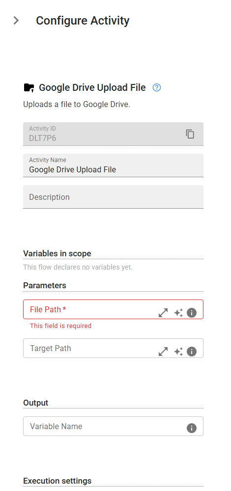 The GoogleDriveUploadFile activity in the designer