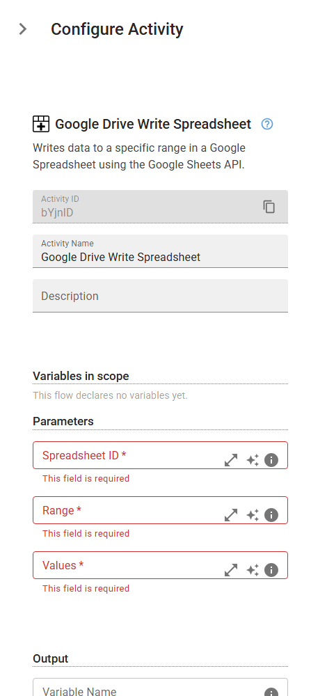 The GoogleDriveWriteSpreadsheet activity in the designer