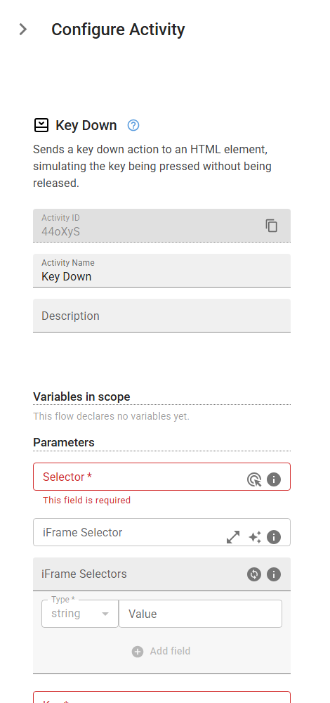The KeyDown activity in the designer
