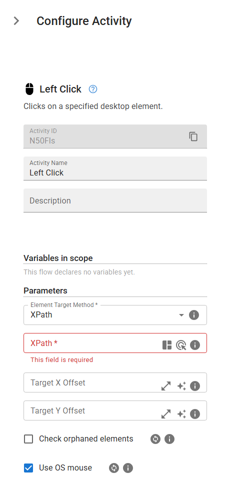The LeftClick activity in the designer