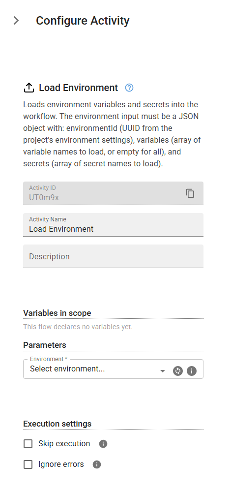 The LoadEnvVariables activity in the designer