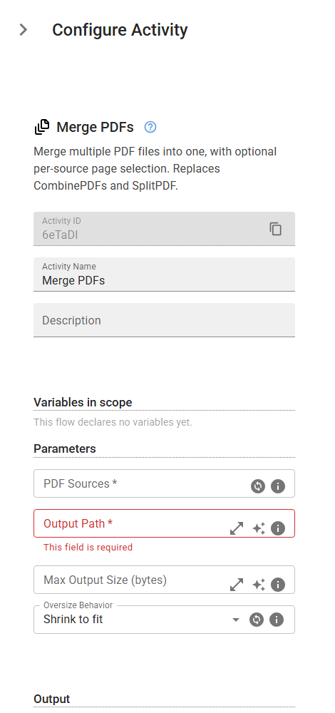 The MergePDFs activity in the designer