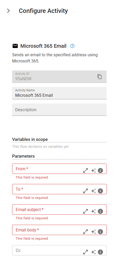 The Microsoft365Email activity in the designer