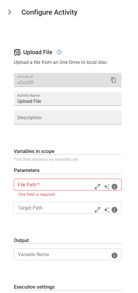 The MicrosoftUploadFile activity in the designer