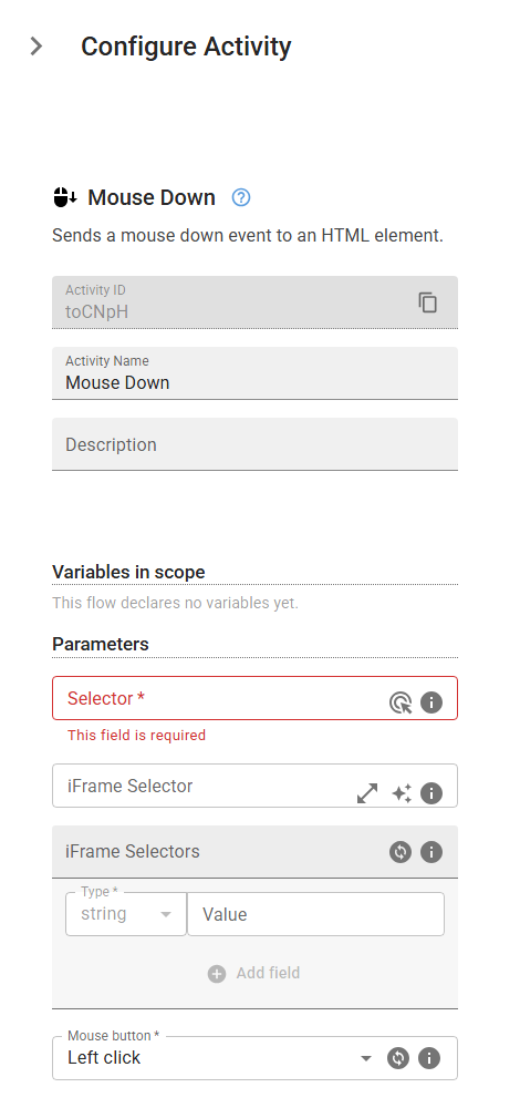 The MouseDown activity in the designer