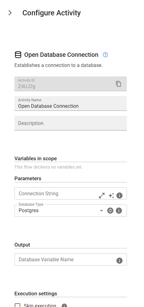 The OpenDatabaseConnection activity in the designer