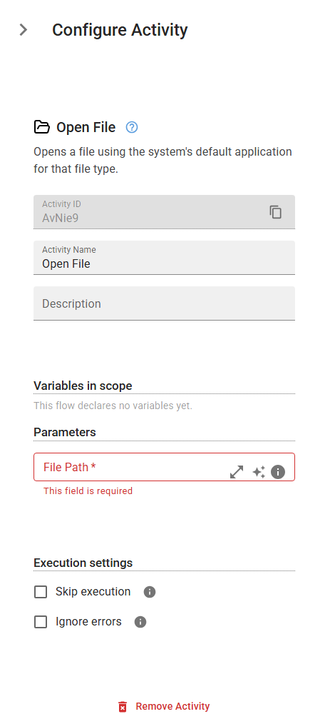 The OpenFile activity in the designer