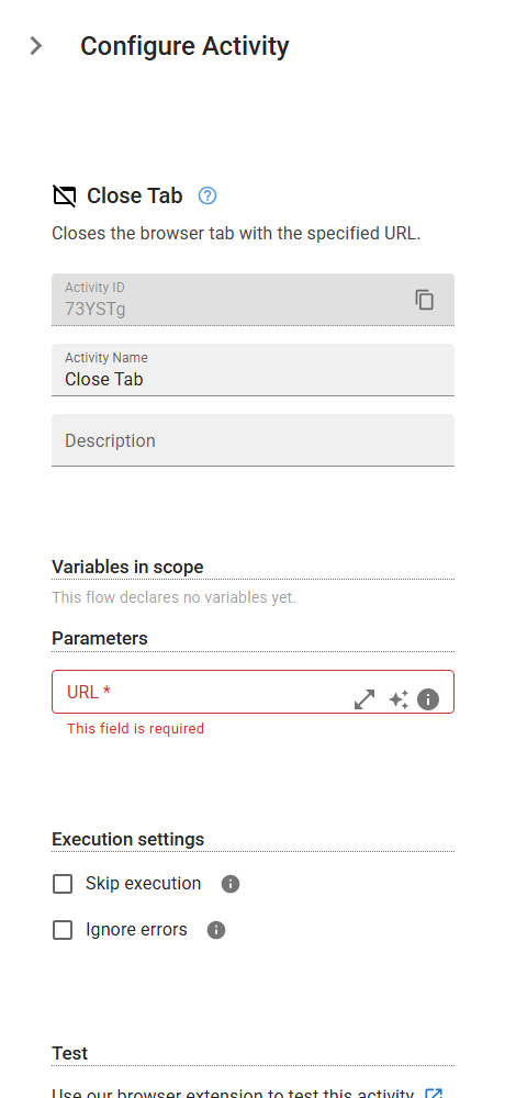 The RemoveBrowserTab activity in the designer