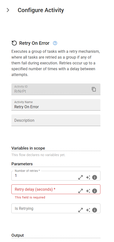 The RetryOnError activity in the designer