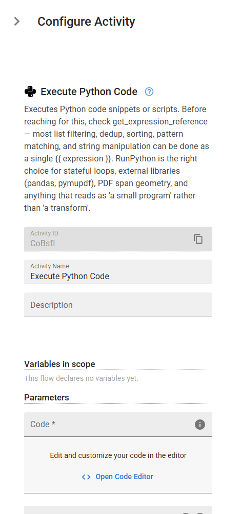 The RunPython activity in the designer