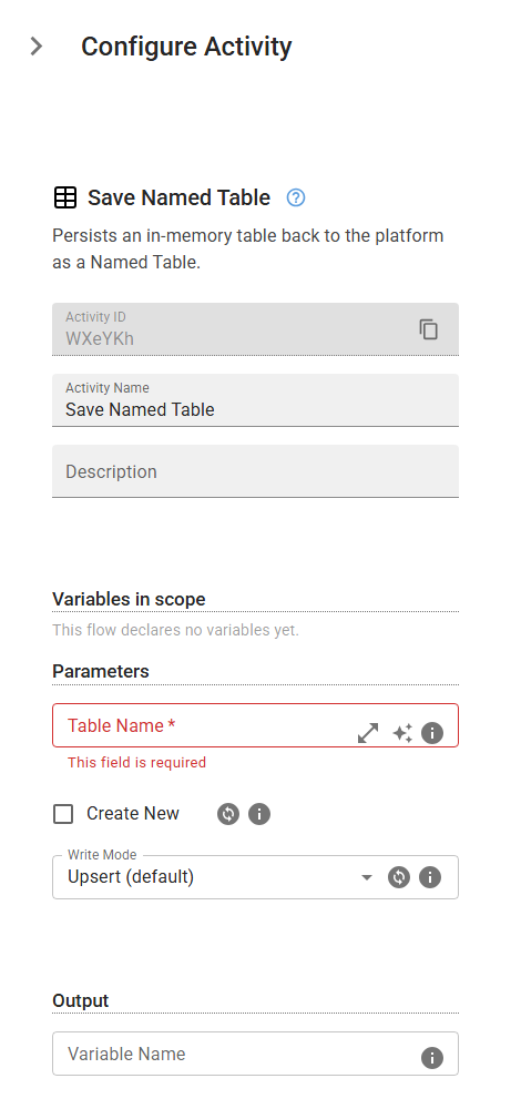 The SaveNamedTable activity in the designer