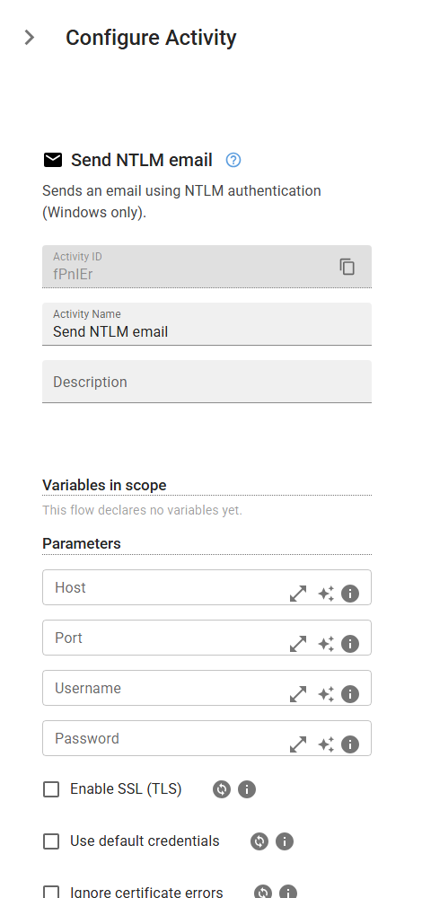 The SendNtlmEmail activity in the designer