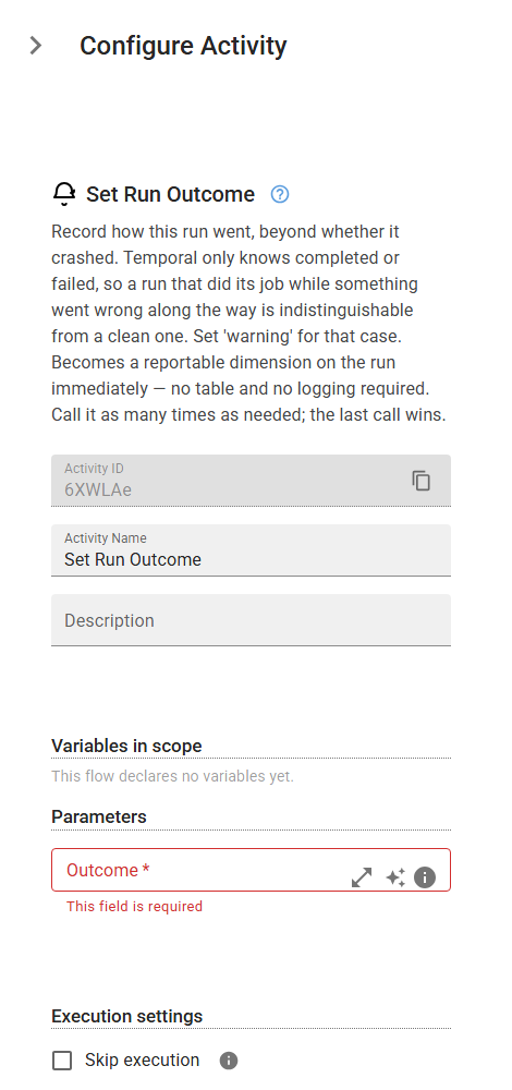 The SetOutcome activity in the designer
