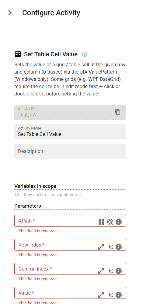 The SetTableCellValue activity in the designer
