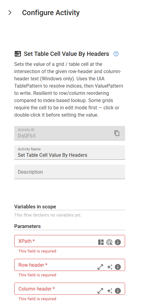 The SetTableCellValueByHeaders activity in the designer
