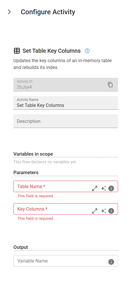 The SetTableKeyColumns activity in the designer