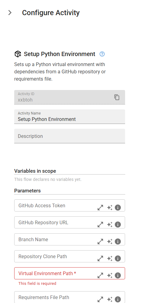 The SetupPythonEnvironment activity in the designer