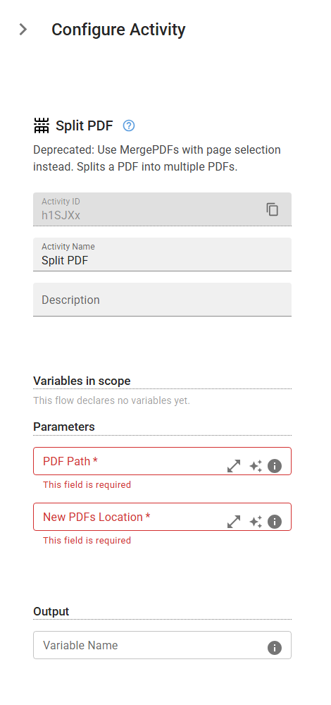 The SplitPDF activity in the designer
