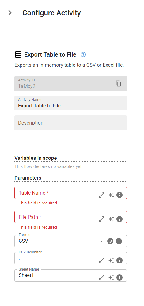 The TableExport activity in the designer