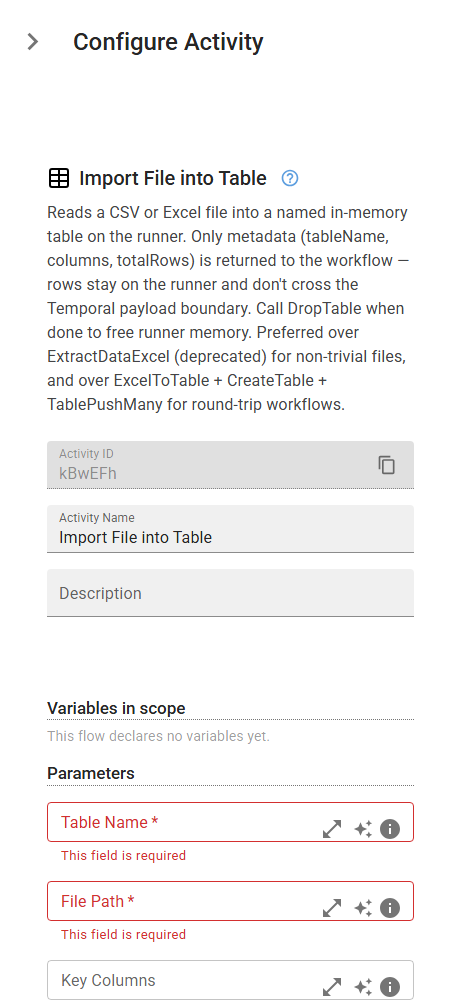 The TableImport activity in the designer