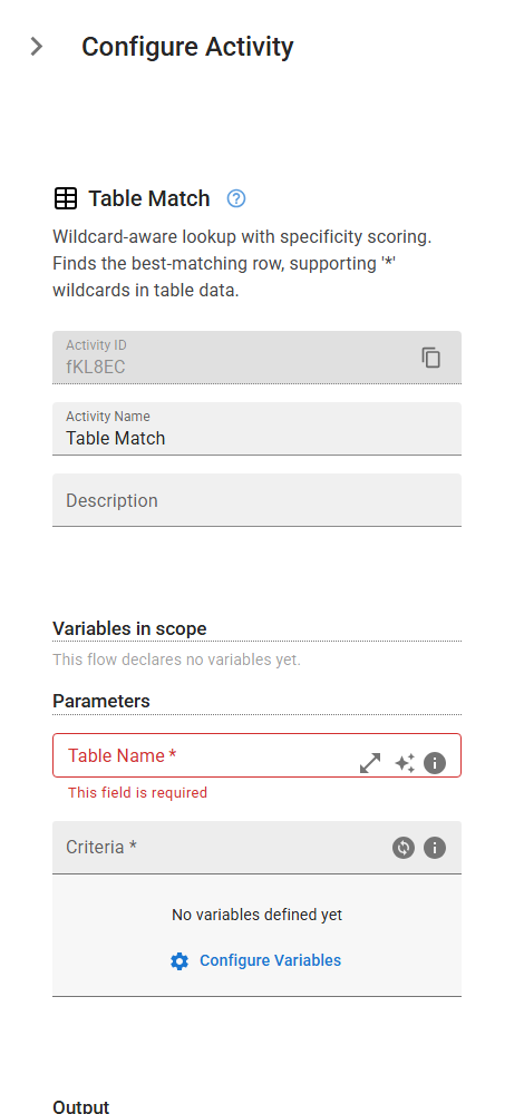 The TableMatch activity in the designer