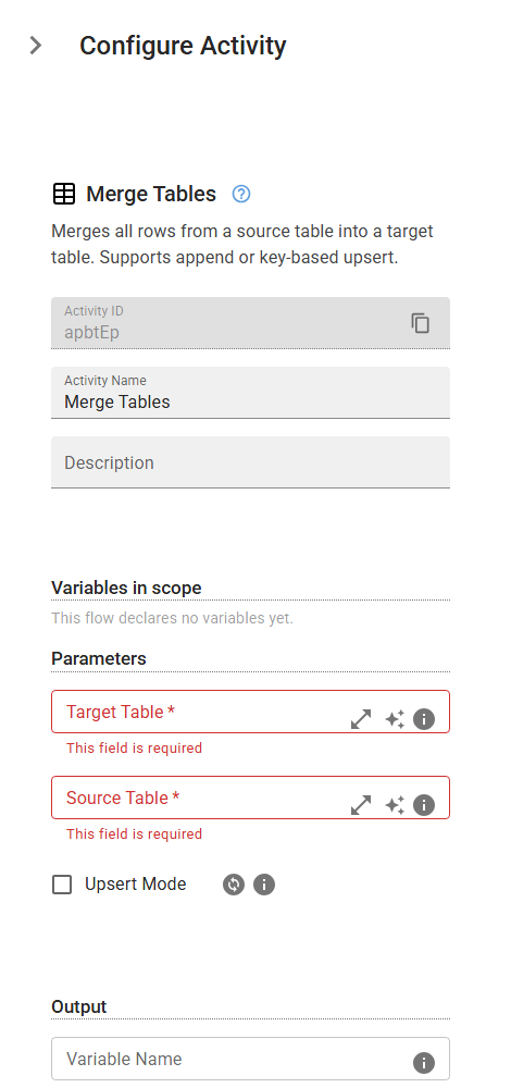 The TableMerge activity in the designer