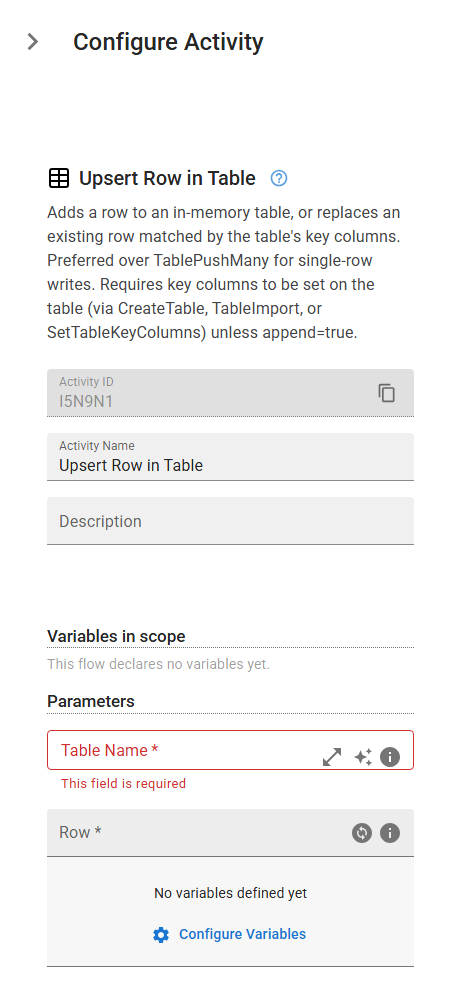 The TableUpsertRow activity in the designer