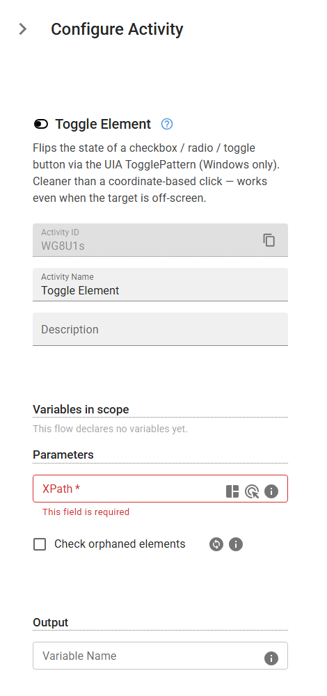 The ToggleElement activity in the designer
