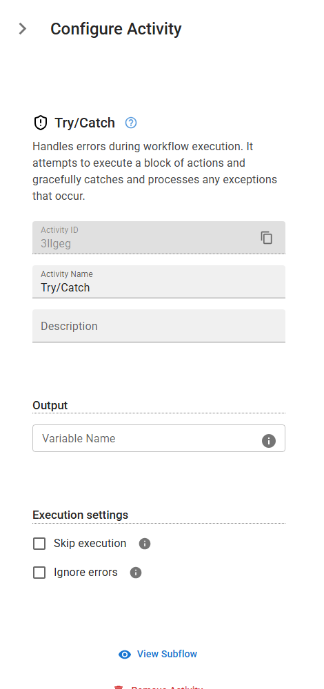 The TryCatch activity in the designer